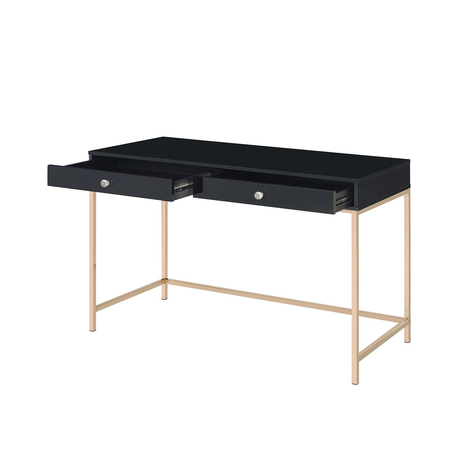 Rectangular Writing Desk with 2 Drawers, Black High Gloss and Gold
