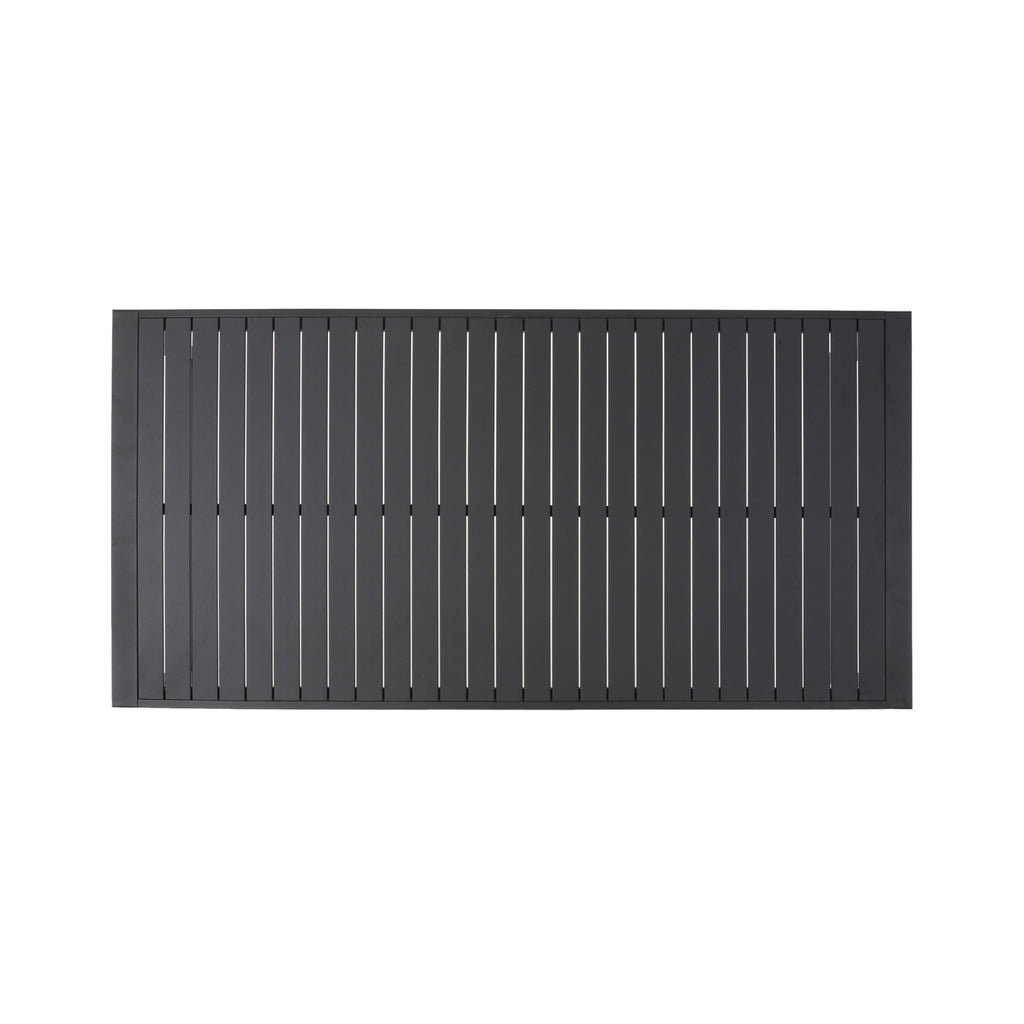 Modern Outdoor Dining Table with Black Aluminum Frame, Slatted Top, and U-Shaped Legs – 70' x 35'
