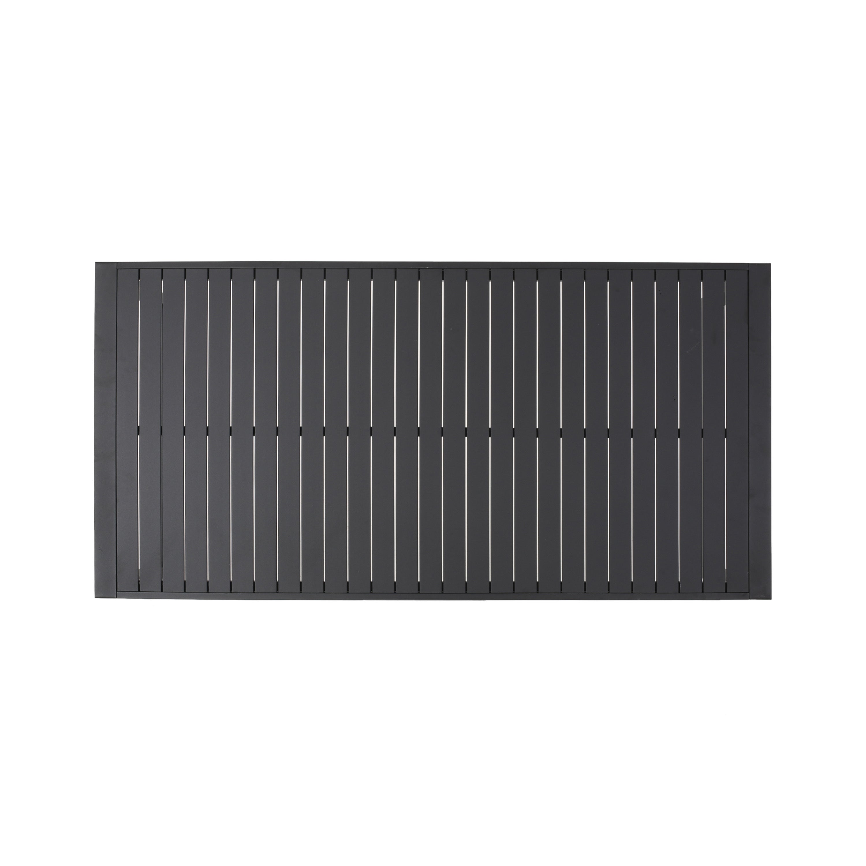 Modern Outdoor Dining Table with Black Aluminum Frame, Slatted Top, and U-Shaped Legs – 70' x 35'