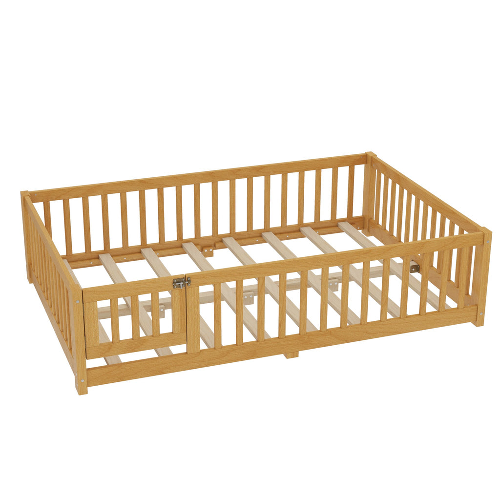 Full Size Bed Floor Bed with Safety Guardrails and Door for Kids, Natural(Old SKU:  W1580P154627)