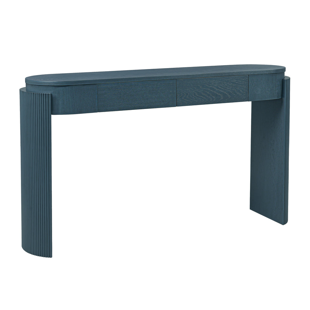 TREXM Entryway Table with Natural Wood Grain Finish, Console Table with Fluted Design, Oval Top and 2 Drawers for Entryway and Living Room (Navy)