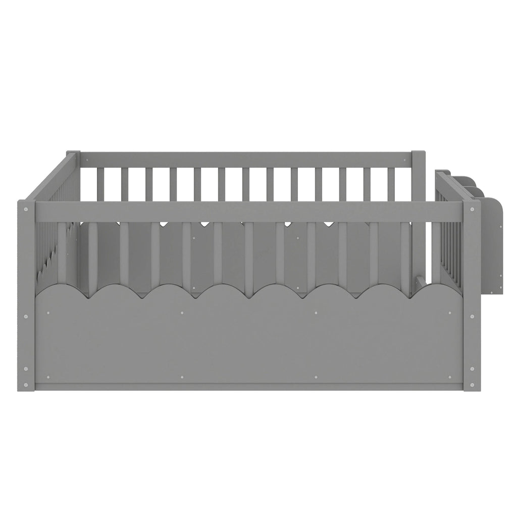 Full Floor bed with Heightened Fence and bookshelf ,Wood Floor Bed for Kids,Gray.