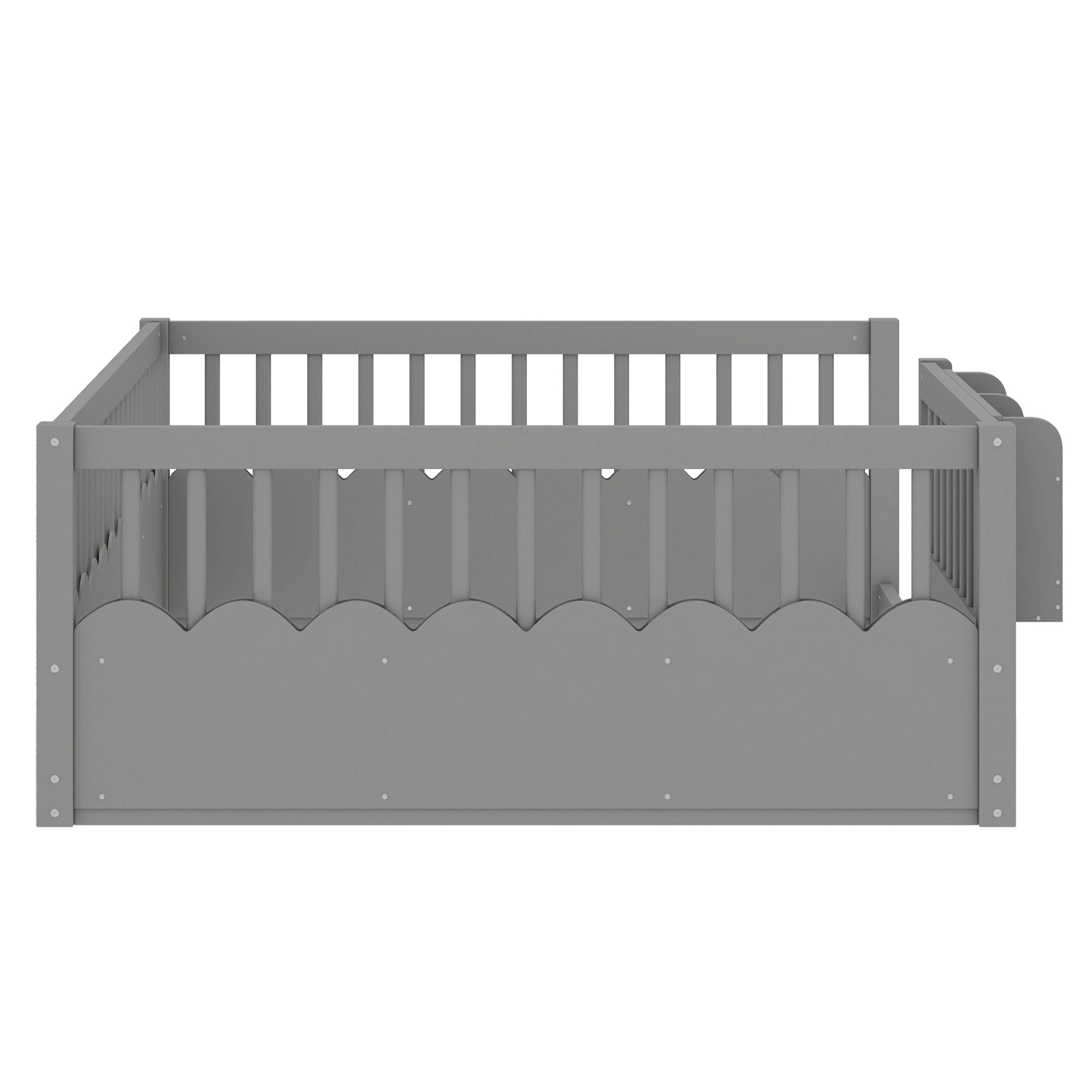 Full Floor bed with Heightened Fence and bookshelf ,Wood Floor Bed for Kids,Gray.