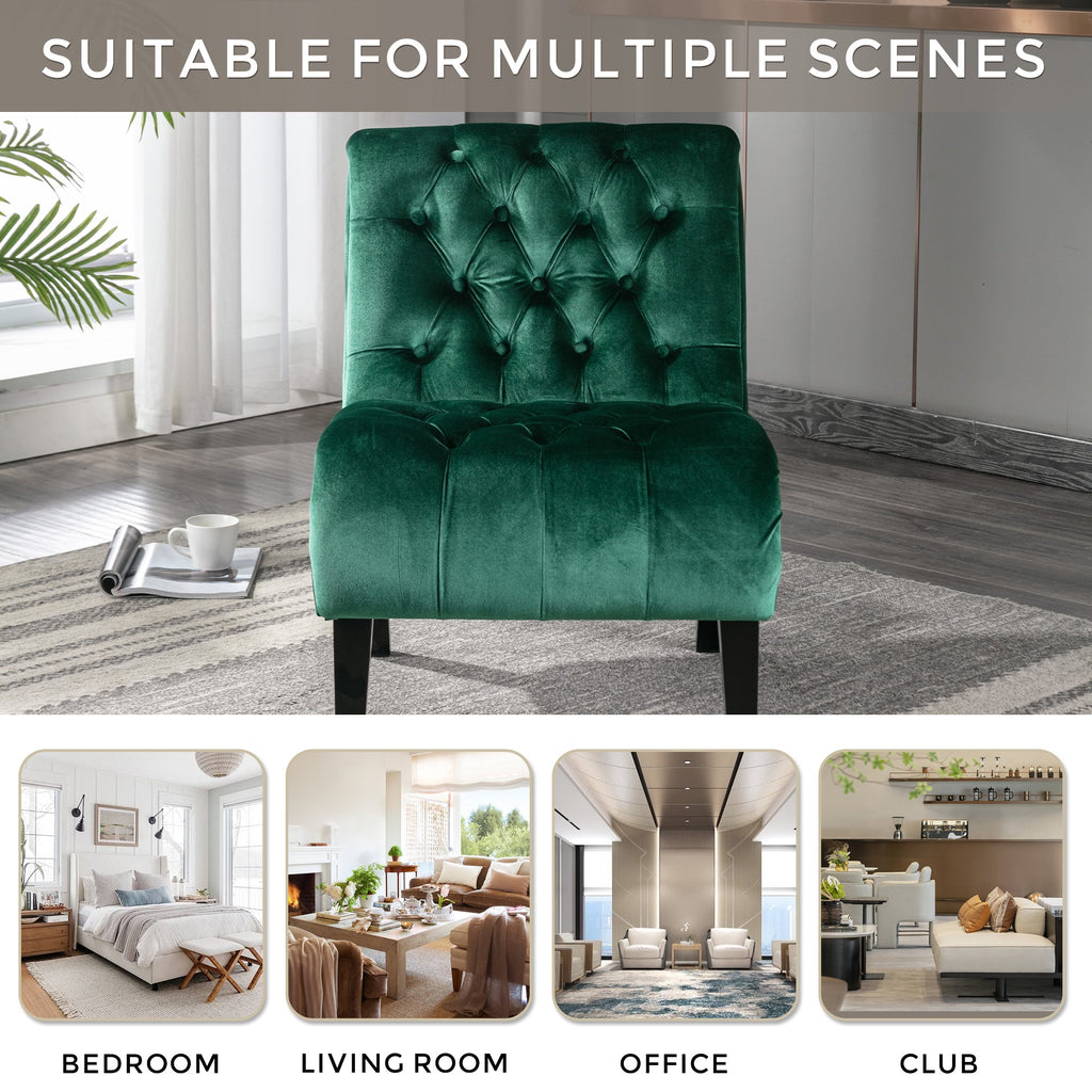 COOLMORE Modern Velvet Armless Accent Living Room Chair / Leisure Chair,Upholstered Fabric Button Comfortable Chair with Wooden Legs for Bedroom, Living Room, Office (Green Velvet)