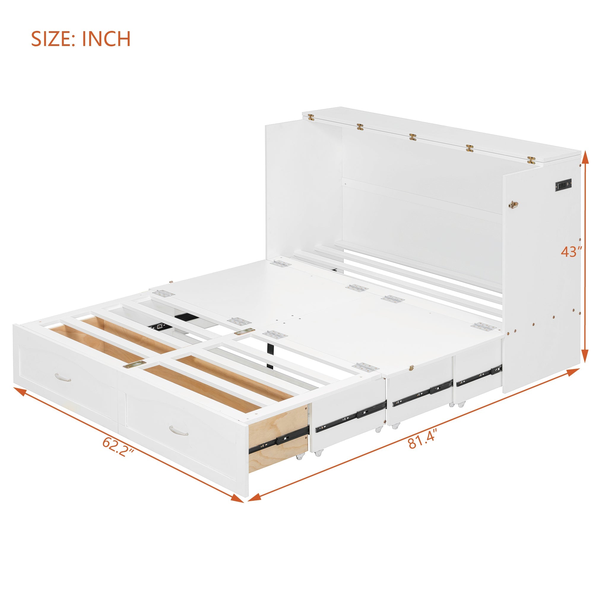 Queen Size Murphy Bed Wall Bed with drawer and a set of Sockets & USB Ports, Pulley Structure Design, White(OLD SKU: LP100671AAK)