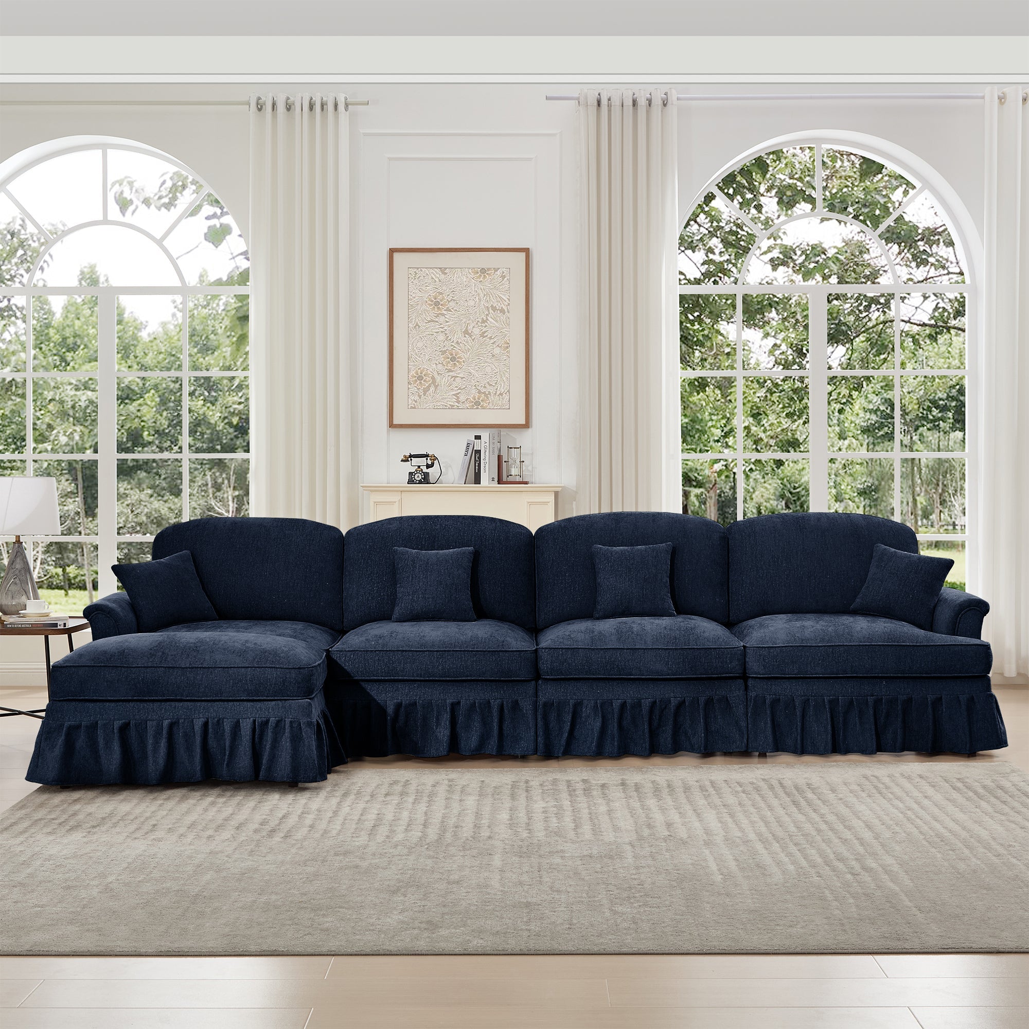 Classic Three Seater Modular L Shaped Sectional Couch with Flared Arms and Removable Ruffles Pleats Skirts and Spindle Legs, Comfy Chenille Four-Seat Deep Seat Sofa with Movable Ottoman, Blue