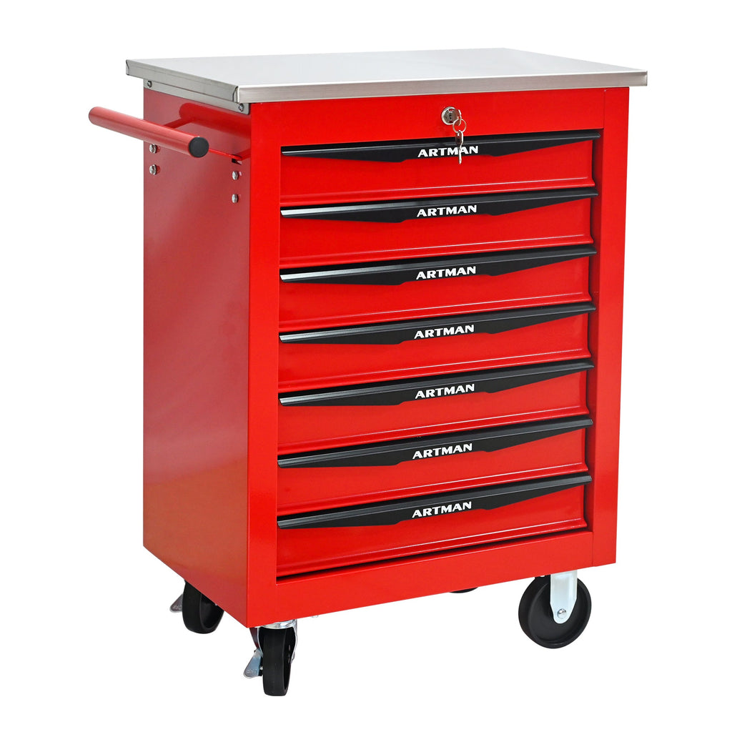 7 Drawers Multifunctional Tool Cart with Wheels,Metal Rolling Tool Cart Storage for Garage Workshop Warehouse Repair Shop--With Stainless Steel Roof- Red&Black