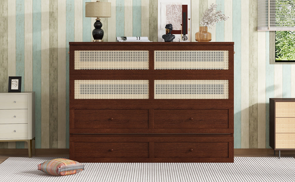 Queen Size Murphy Bed, Pine Wood Cabinet Bed with Rattan Decoration and Storage Drawer,Walnut