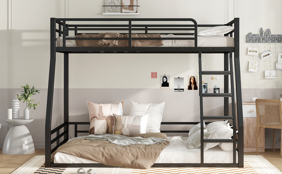 Metal Bunk Bed, Twin over Full Floor Bunk Bed Frame,Heavy-Duty Bunk Bed for Kids, Teens, Adults, Noise-reduced Design, Black