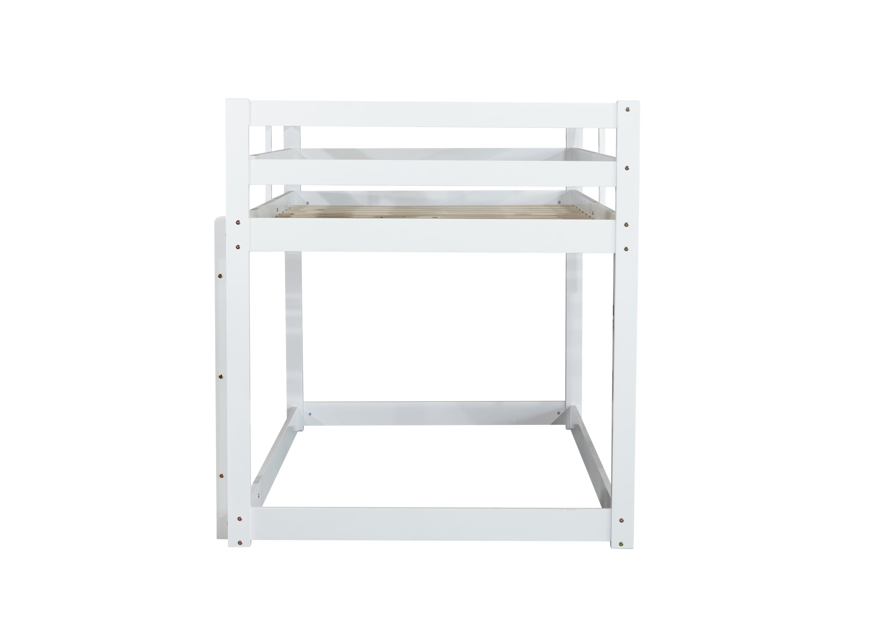 Solid Wooden, Solid Rubber Wooden Twin over Twin Floor Bunk Bed with Ladder, with Bed Platform of Strengthened Slats,White