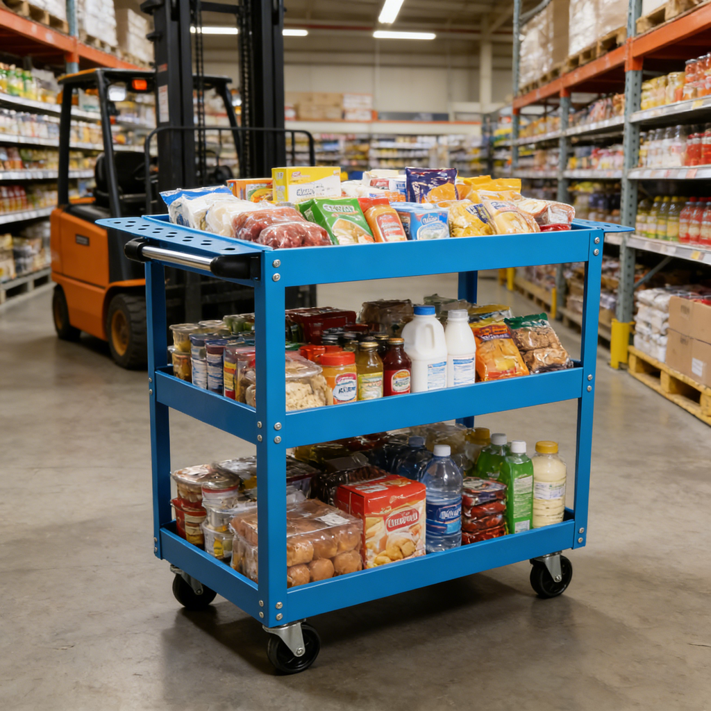Tool Cart on Wheels, 3 Tier Rolling Mechanic Tool Cart, Heavy Duty Steel Utility Cart w/Lockable Wheels, 450 LBS Capacity Industrial Service Cart for Garage, Warehouse, Workshop (blue)