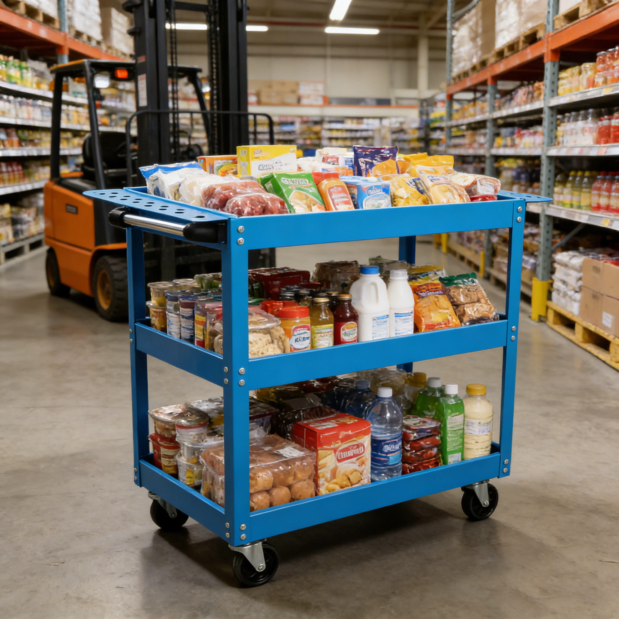 Tool Cart on Wheels, 3 Tier Rolling Mechanic Tool Cart, Heavy Duty Steel Utility Cart w/Lockable Wheels, 450 LBS Capacity Industrial Service Cart for Garage, Warehouse, Workshop (blue)