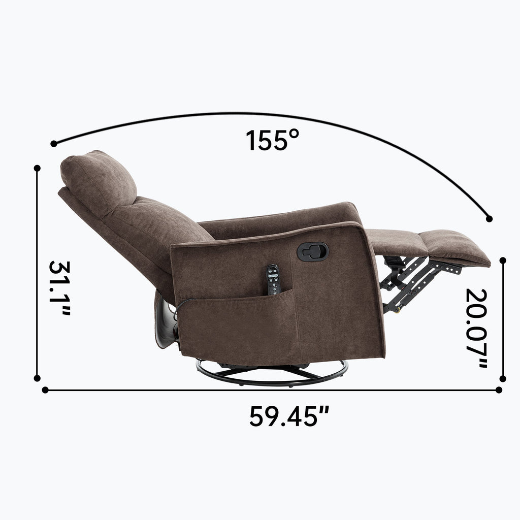 Heat Massage Manual Recliner Chair with Rocker and Swivel in Fabric for Living Room, Brown
