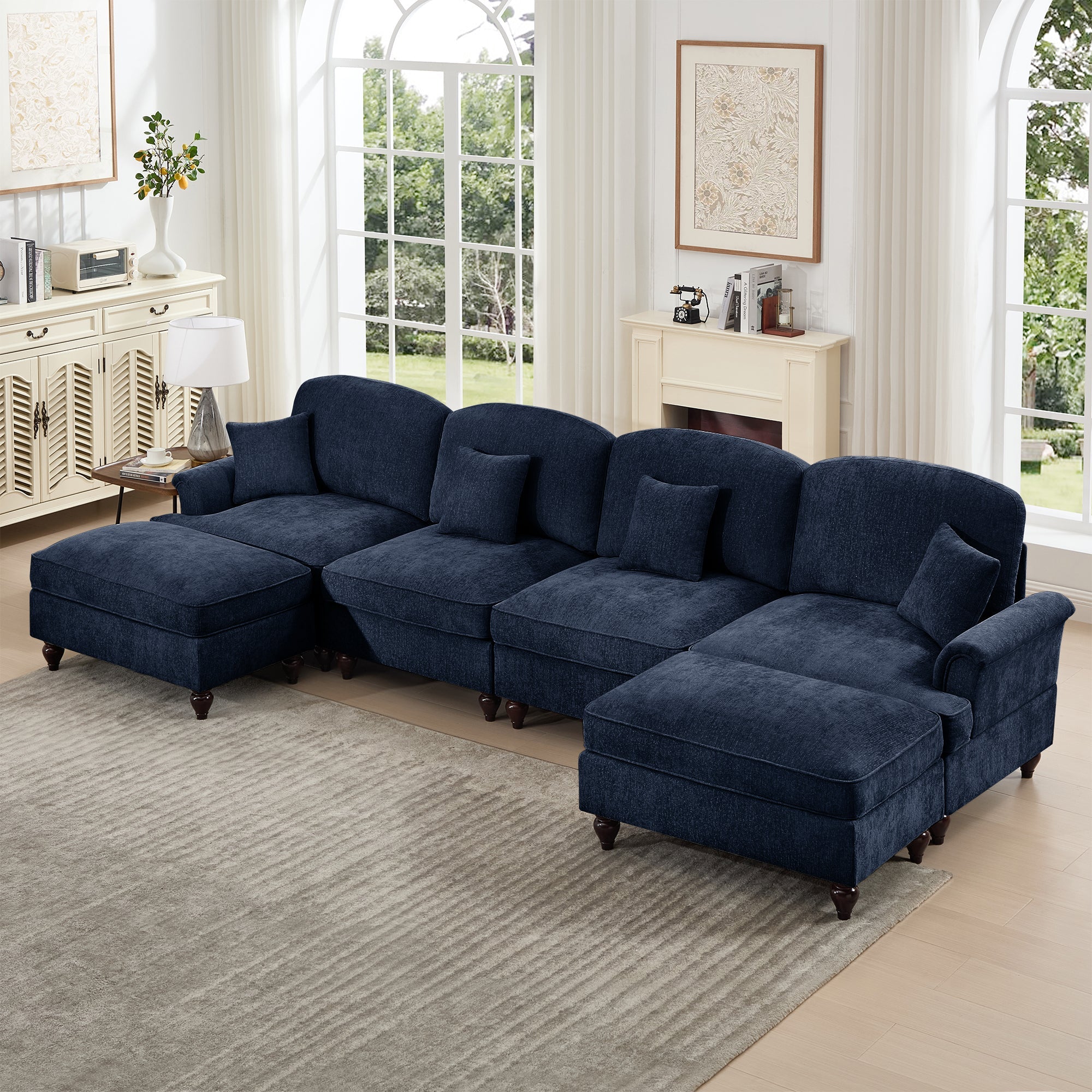 Classic U Shape 4 Seater Modular Sectional Sofa Couch with Flared Arms and Removable Ruffles Pleats Skirts and Spindle Legs, Chenille Deep Seat Cloud Sofa with Movable Ottomans, Blue