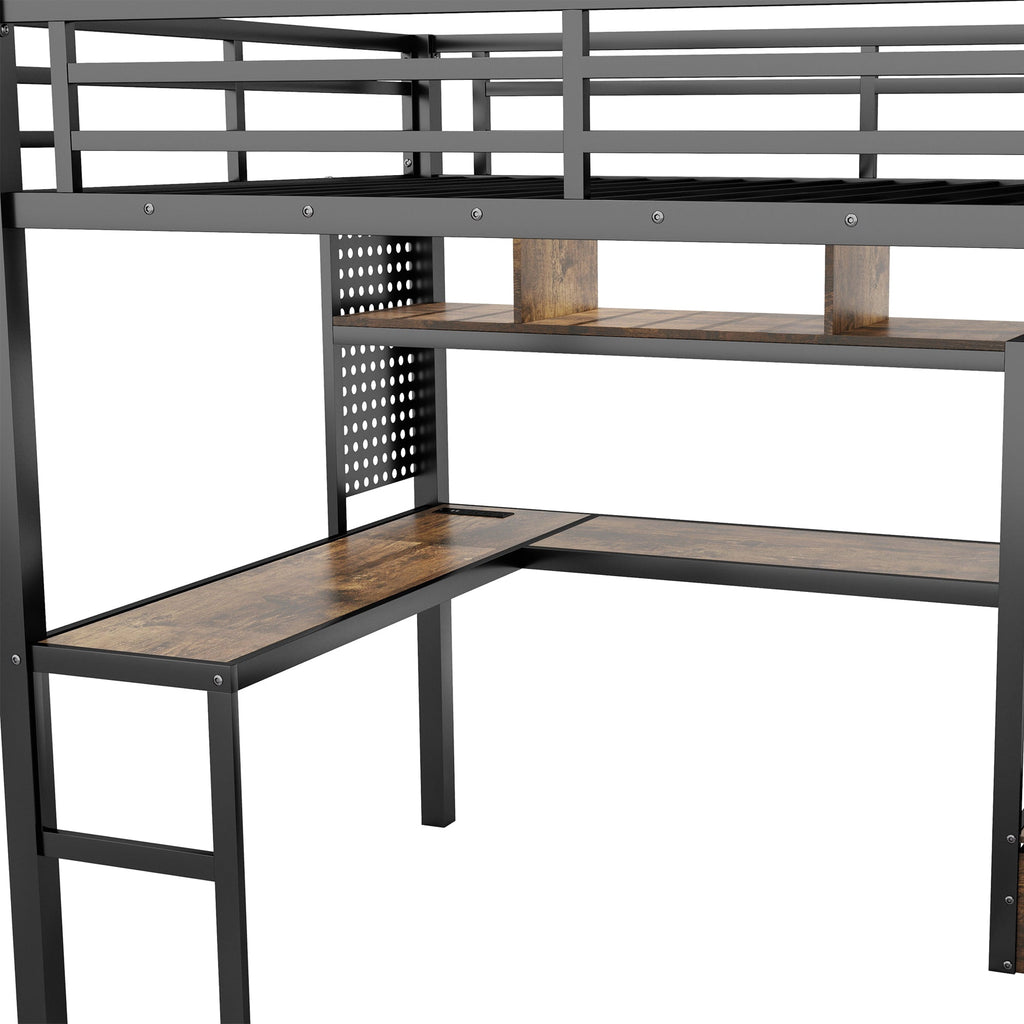 Full Size Loft Bed with LED Light & Charge Station, Metal Loft Bed with Desk and Staircase, Loft bed with Wardrobe for Kids, Black (Expect Arrival Date 2025/4/30)