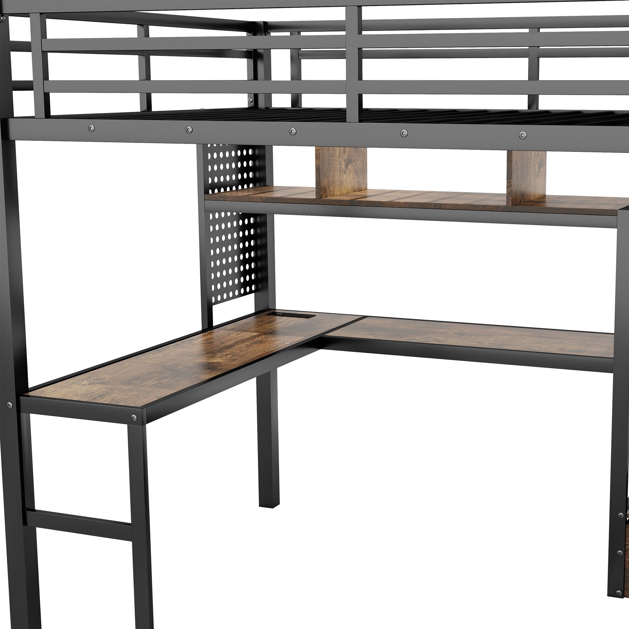Full Size Loft Bed with LED Light & Charge Station, Metal Loft Bed with Desk and Staircase, Loft bed with Wardrobe for Kids, Black (Expect Arrival Date 2025/4/30)