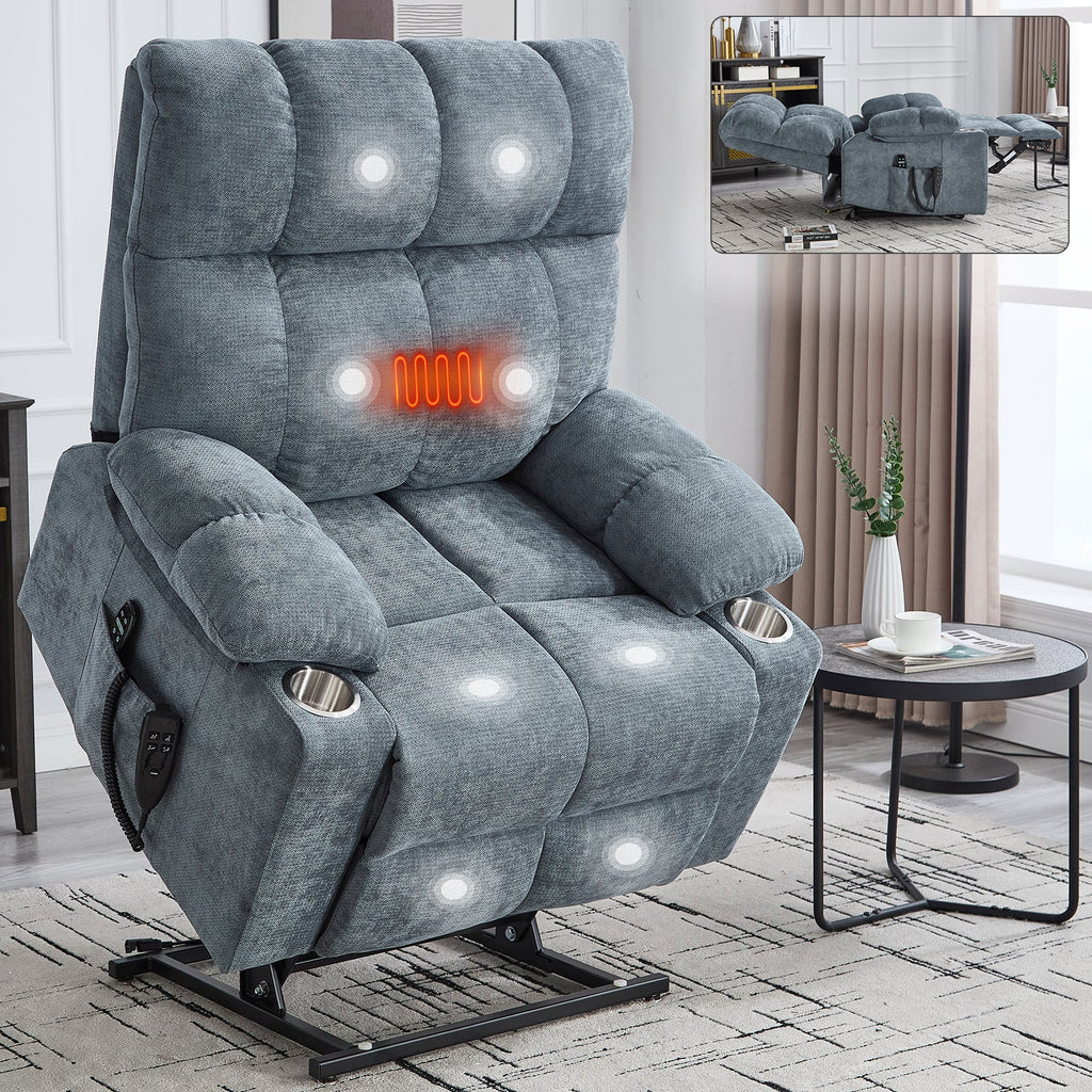 Grey Dual Motor Infinite Position Up to 350 LBS Chenille Power Lift Recliner Chair, Heavy Duty Motion Mechanism with 8-Point Vibration Massage and Lumbar Heating, Dual Cup Holders