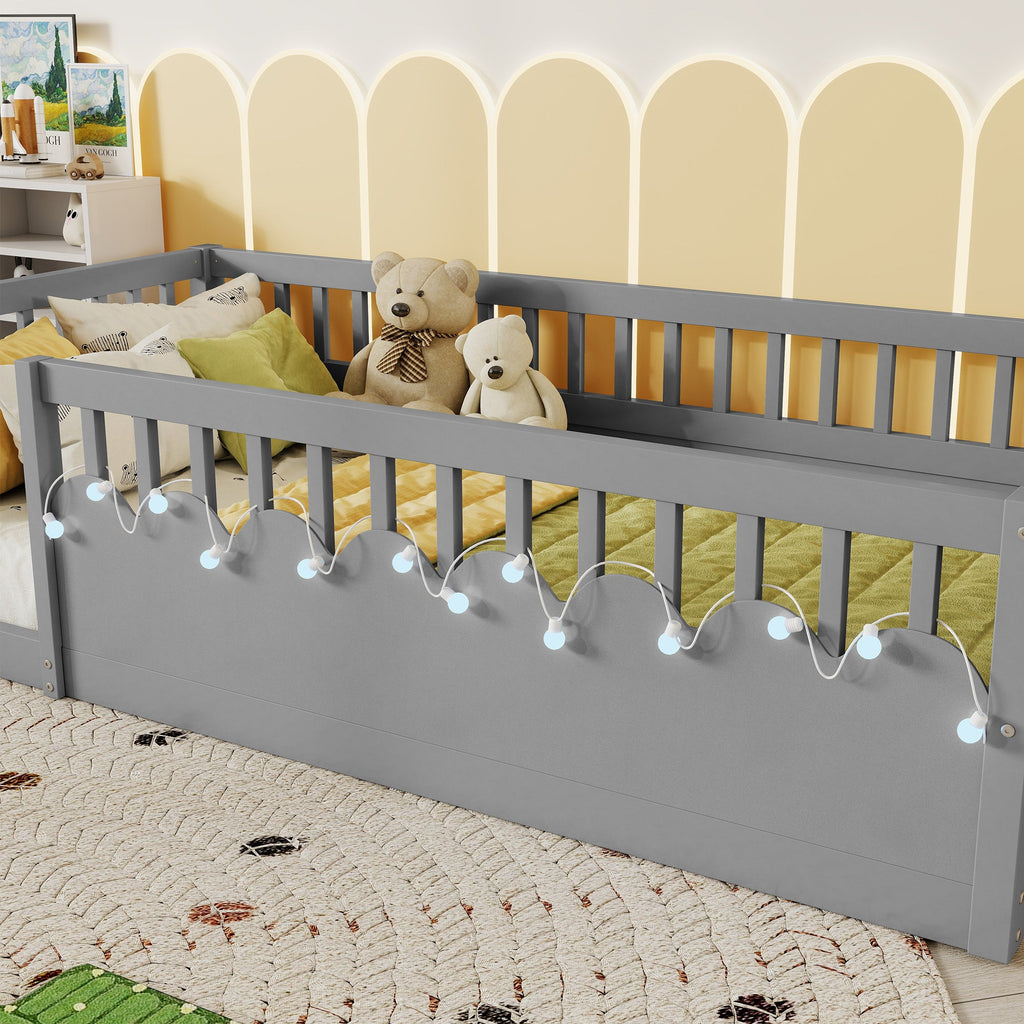 Twin Montessori Floor Bed Frame with High Rails, Wood Kids Floor Beds with Light and Storage Shelf, Gray (Expect Arrival Date 2025/8/15)