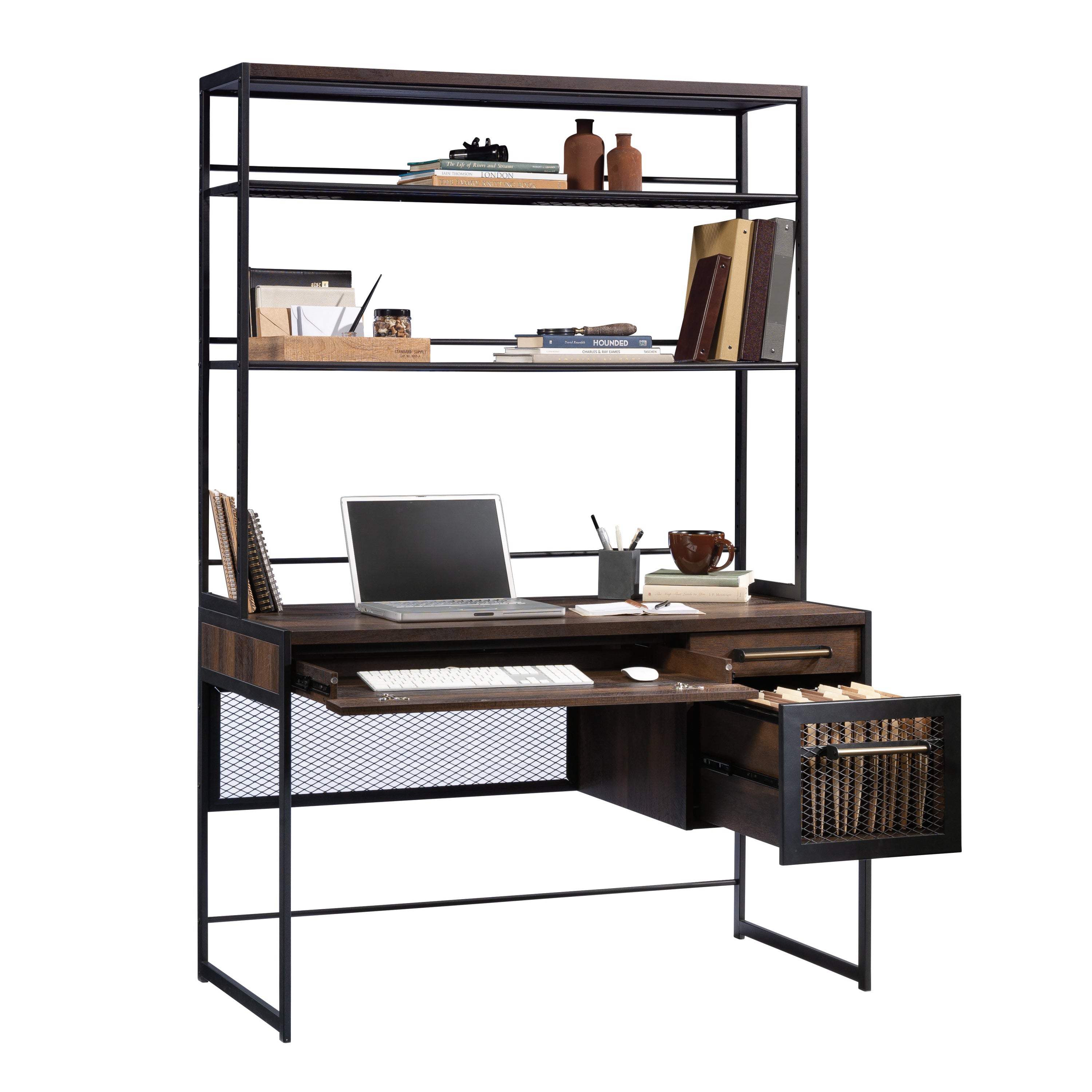 Desk With Hutch, Brown finish