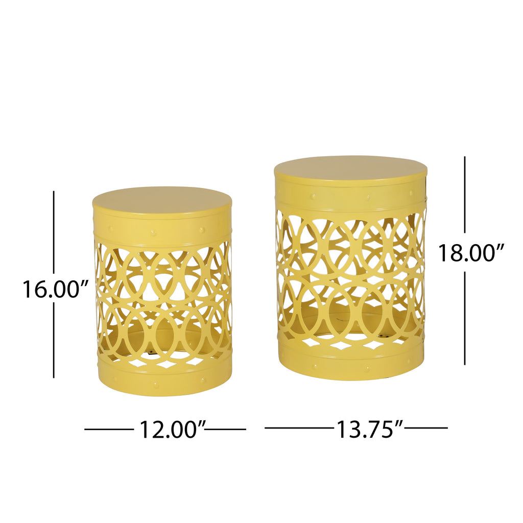 Modern Outdoor Metal End Table Set of 2 with Iron Cut Design in Yellow