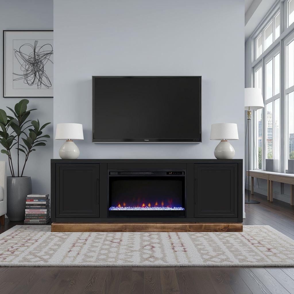 Nora 64 inch Fireplace TV Stand, for TVs up to 85 inches, Black and Whiskey Finish