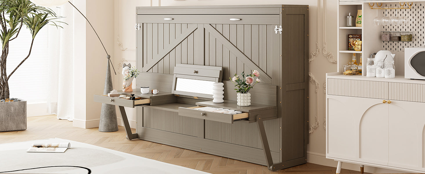 Queen Size Wall Murphy Bed with Storage, Foldable Cabinet Bed with Vanity Desk, Center Mirror & 2 Side Drawers, Distressed Gray