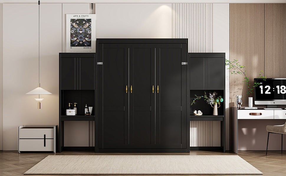 Queen Size Murphy Bed with Desk, Vanity and Cabinets, Espresso(OLD SKU: N820S00057P)