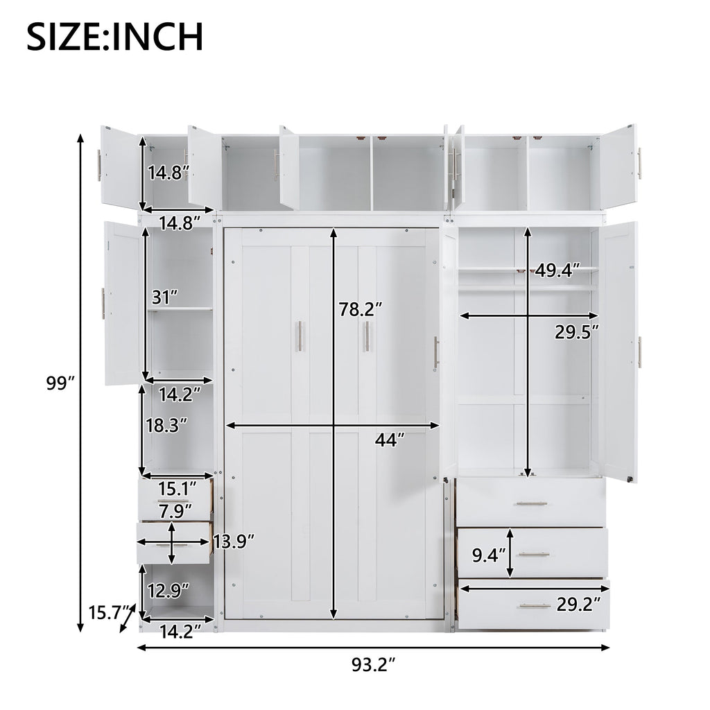 White Twin Size Murphy Bed with Lockers and Wardrobes, MDF+Pine, 93.2''L x 15.7''W x 99''H