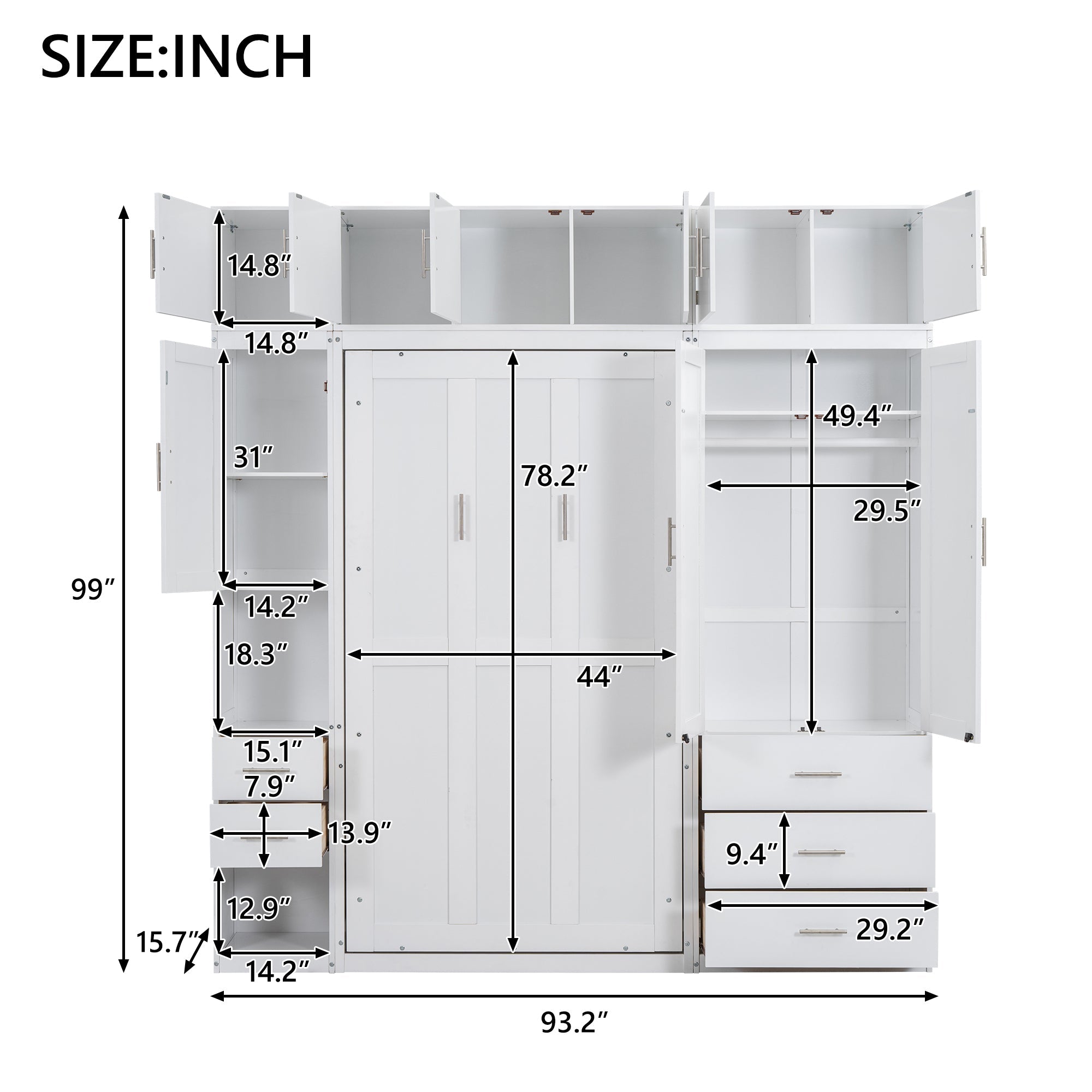 White Twin Size Murphy Bed with Lockers and Wardrobes, MDF+Pine, 93.2''L x 15.7''W x 99''H