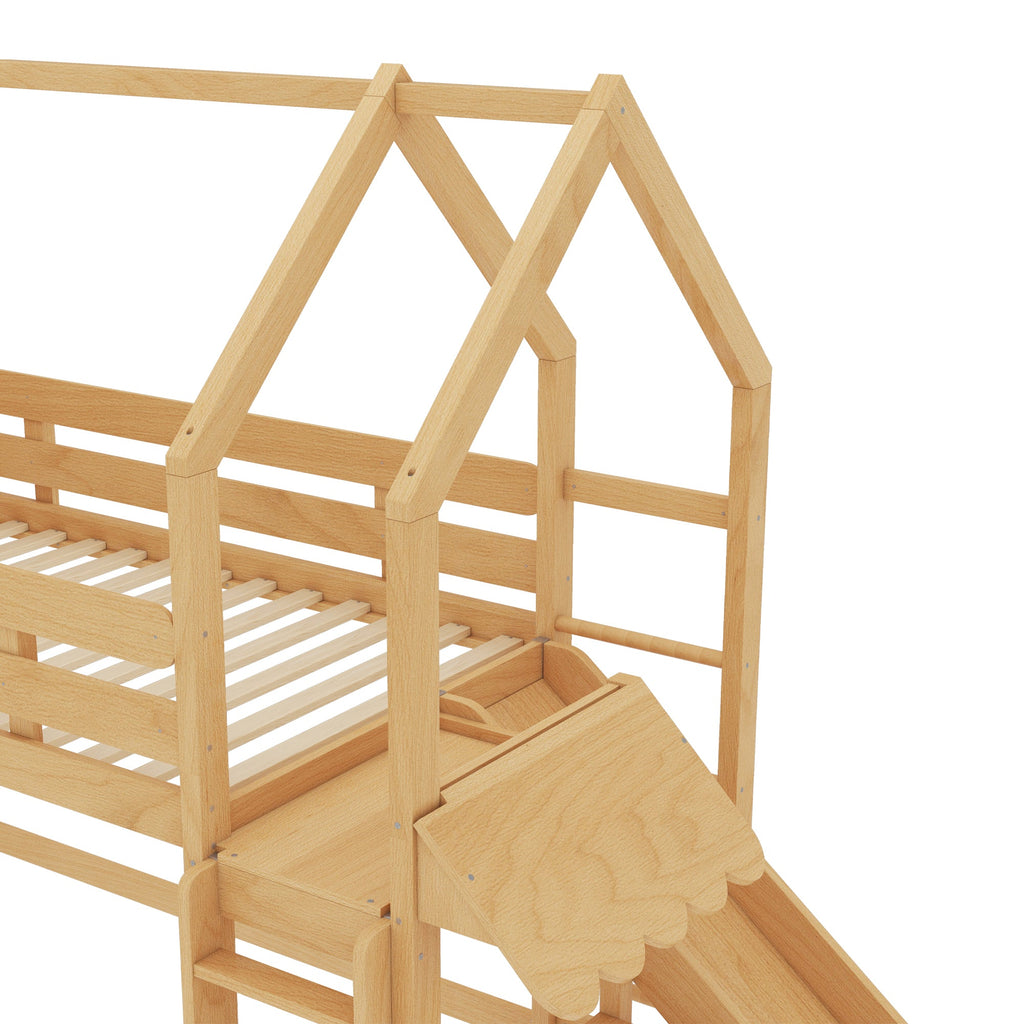 Twin Size Loft Bed with Bookshelf Playful Design for Kids House-Shaped Structure with Slide High-Quality Safety Rails,Natural