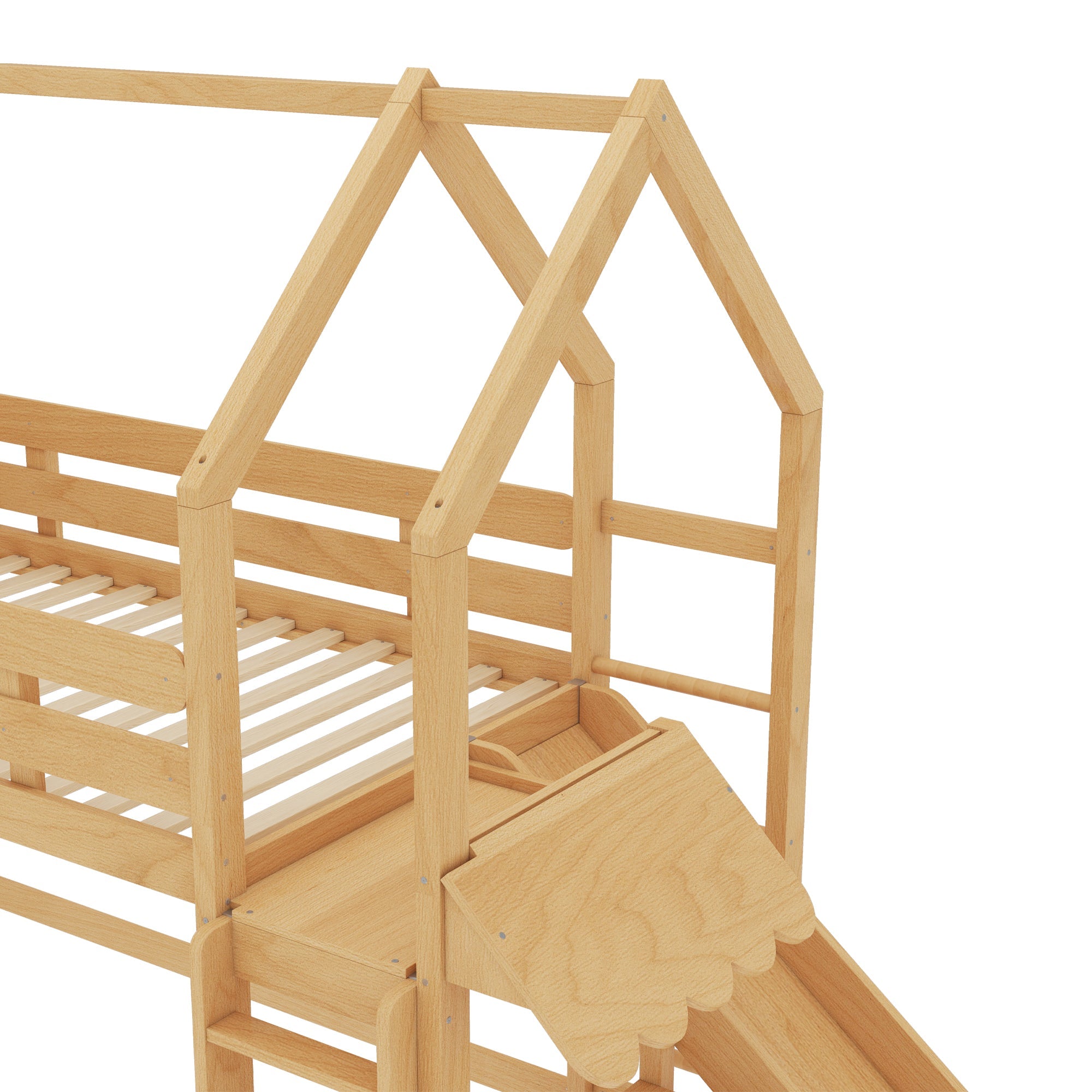 Twin Size Loft Bed with Bookshelf Playful Design for Kids House-Shaped Structure with Slide High-Quality Safety Rails,Natural