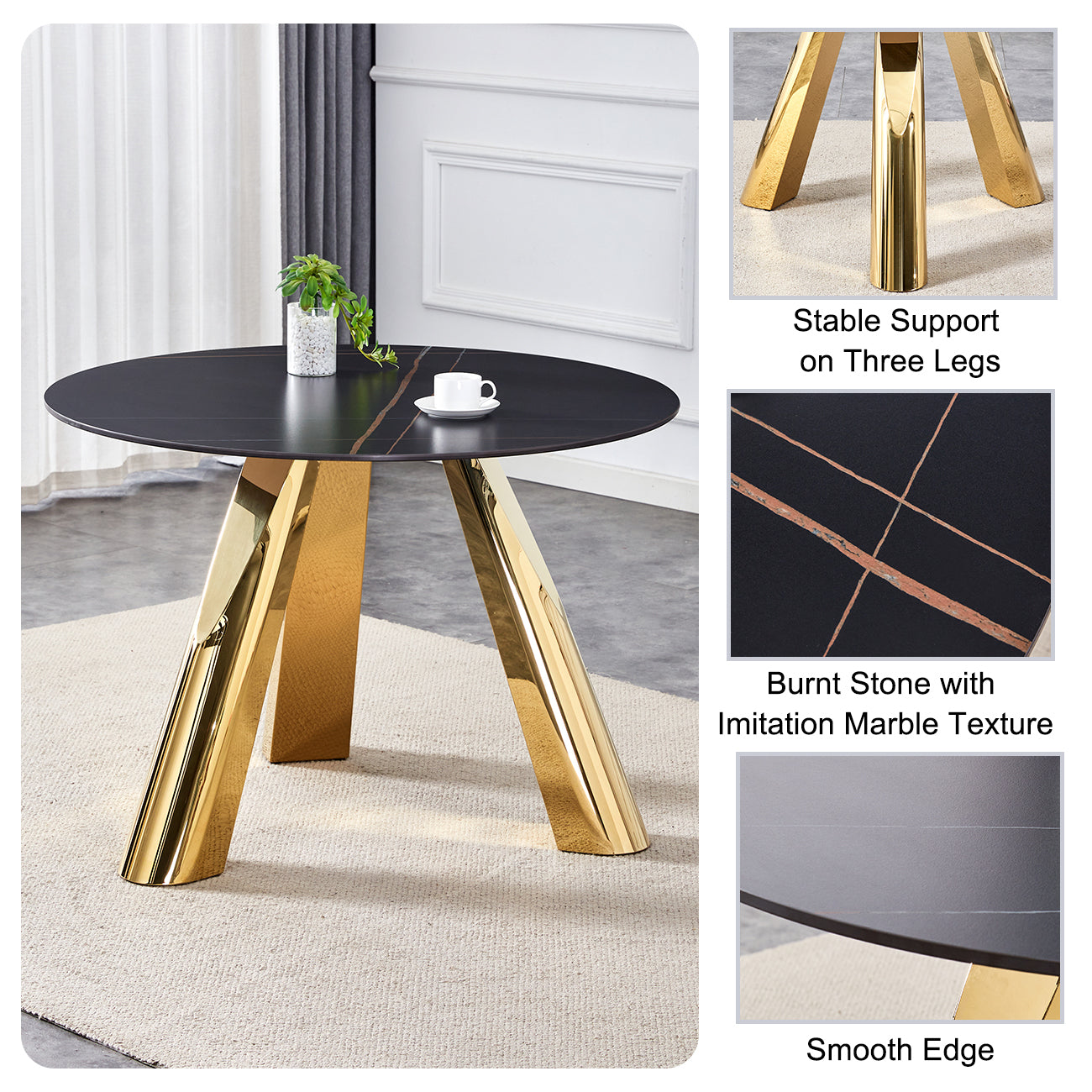 The 42-inch stainless steel gold-plated flamed granite round table with seating for 4 or 6 people is perfect for dining, entertaining, or as a conference table