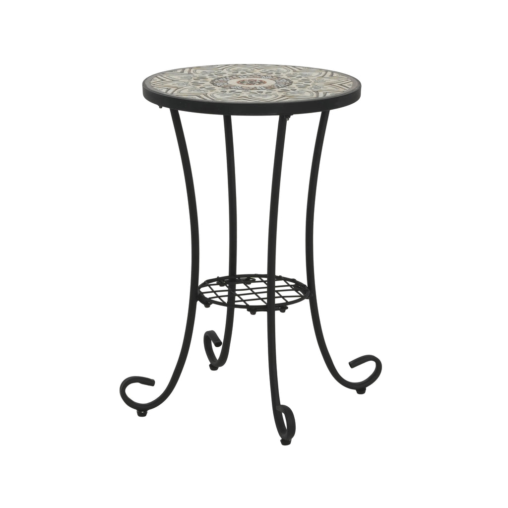 Ceramic Tile and Iron Patio Side Table with Shelf, Brown and Black, 14-inch Diameter