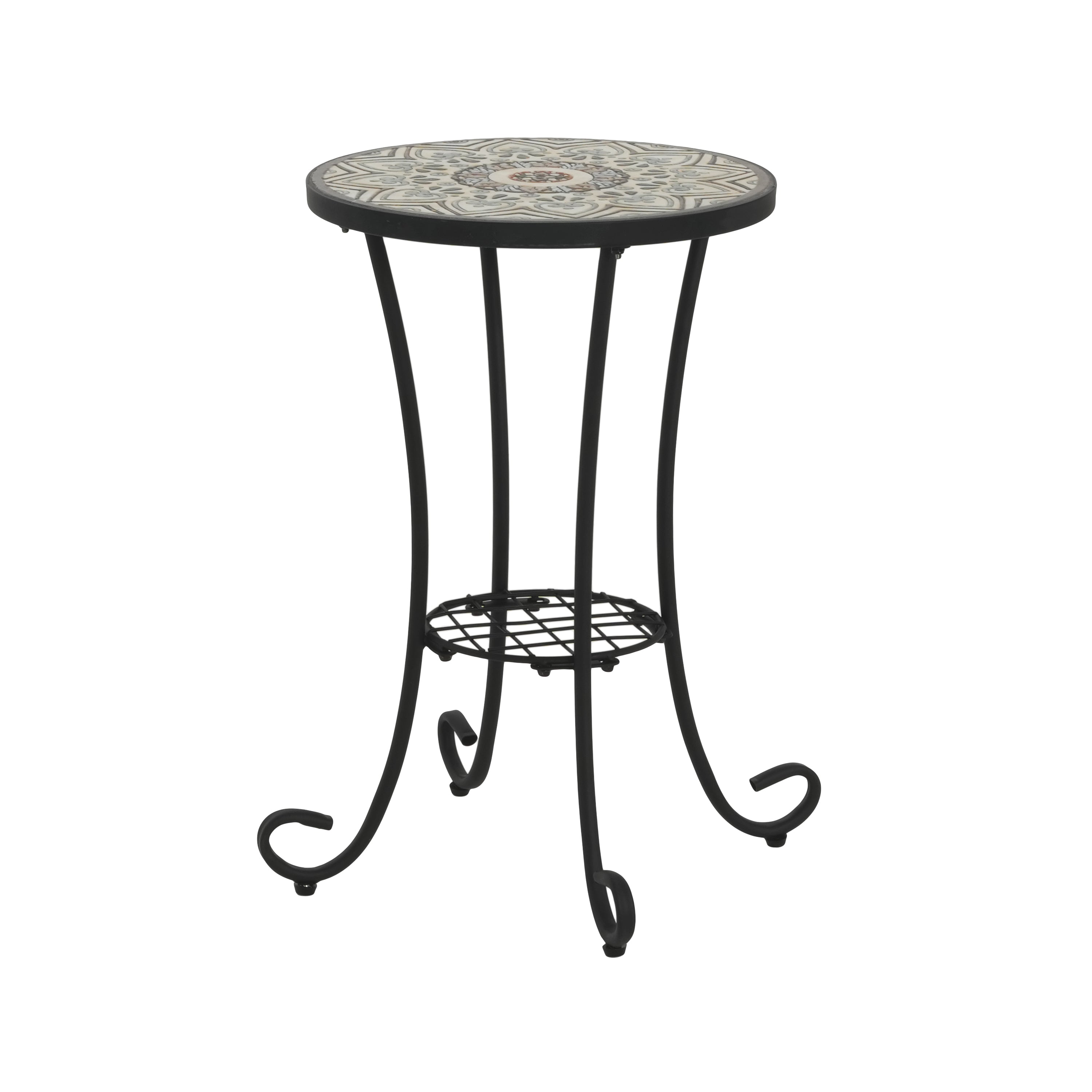 Ceramic Tile and Iron Patio Side Table with Shelf, Brown and Black, 14-inch Diameter