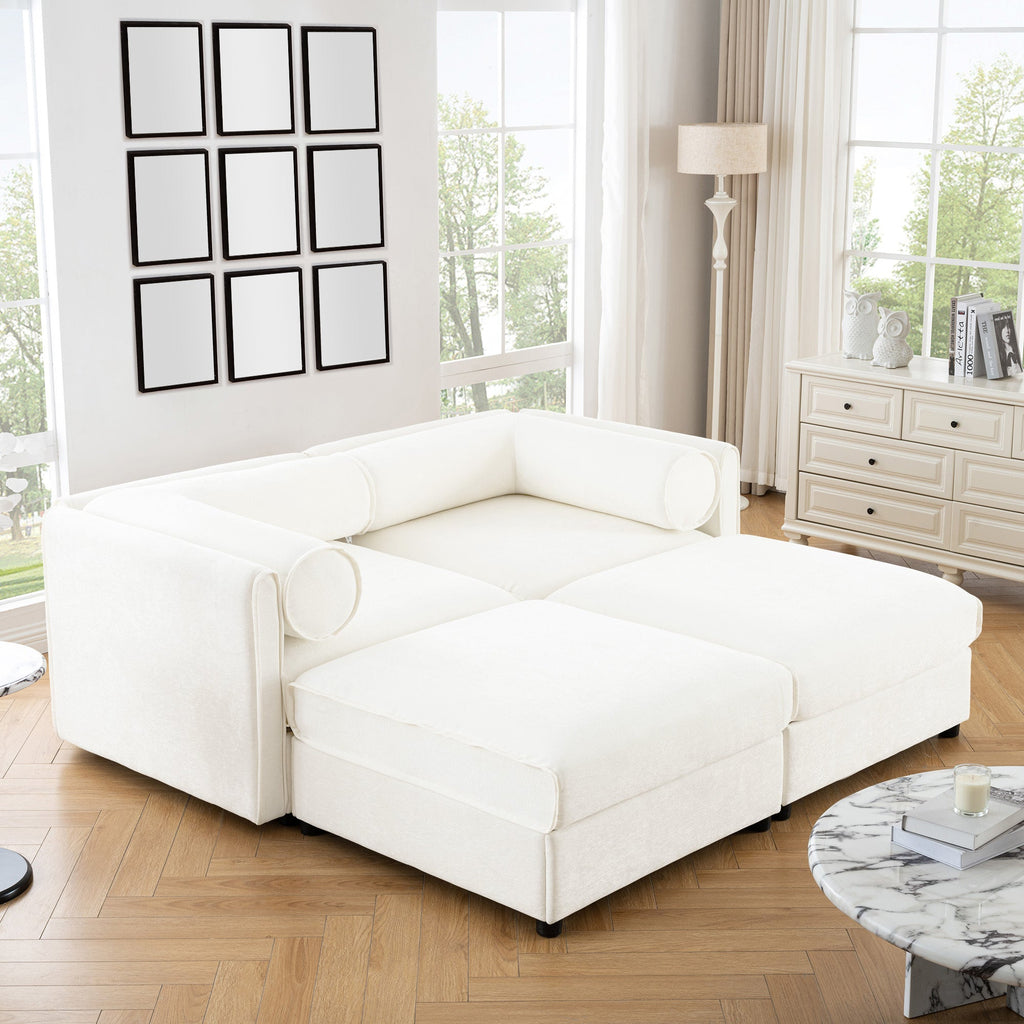 Stylish White Chenille 2-Seater Sofa with 2 Ottoman Storage Seat, Cylindrical Backrest and Armrests, Modern Fabric Loveseat Featuring Hidden Storage Space