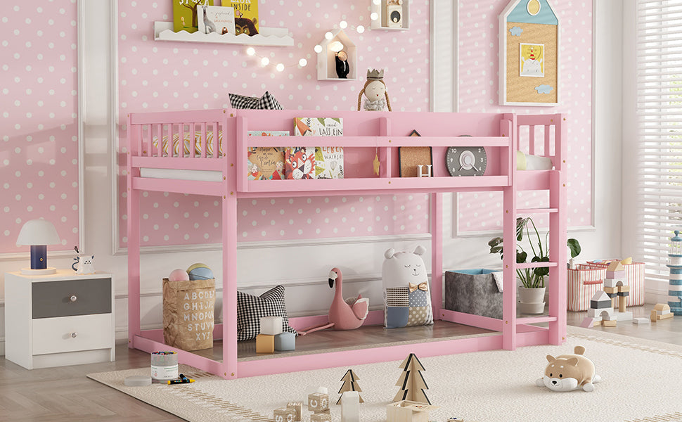 Low Twin Over Twin Bunk Bed, Floor Bunk Bed with Ladder, Solid Wood Twin Bunk Bed for Kids & Juniors, Pink(Expect Arrival Date 2025/11/25)