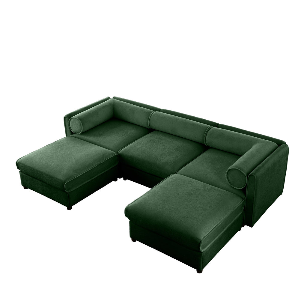 Elegant Green Chenille  Sofa with Storage Seat and Ottoman, U-Shaped 3-Seater Cylindrical Backrest and Armrests, Contemporary 3-Seater Fabric Couch with Hidden Storage Compartment
