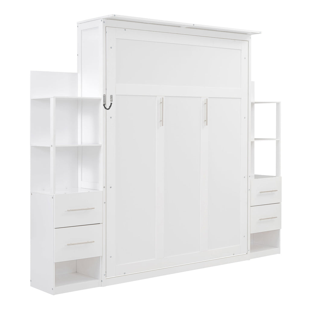Queen Size Murphy Bed Wall Bed with Shelves, Drawers and LED Lights,White(OLD SKU:LP000566AAK-1)