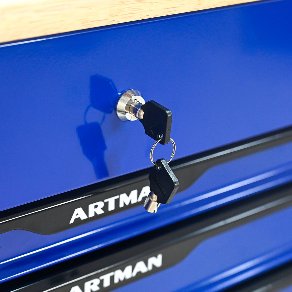 3 DRAWERS MULTIFUNCTIONAL TOOL CART WITH WHEELS AND WOODEN TOP-Blue