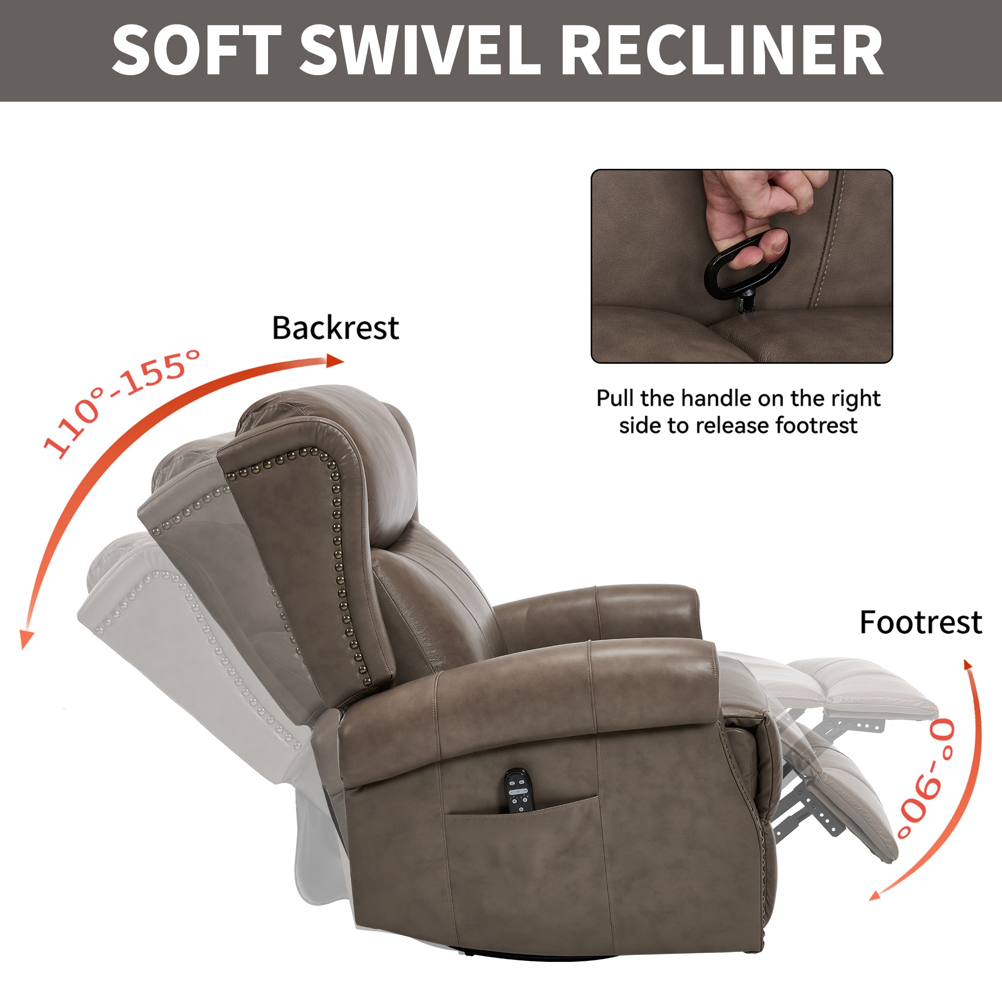 Heat Massage Manual Recliner Chair with Rocker and Swivel in Genuine leather for Living Room
