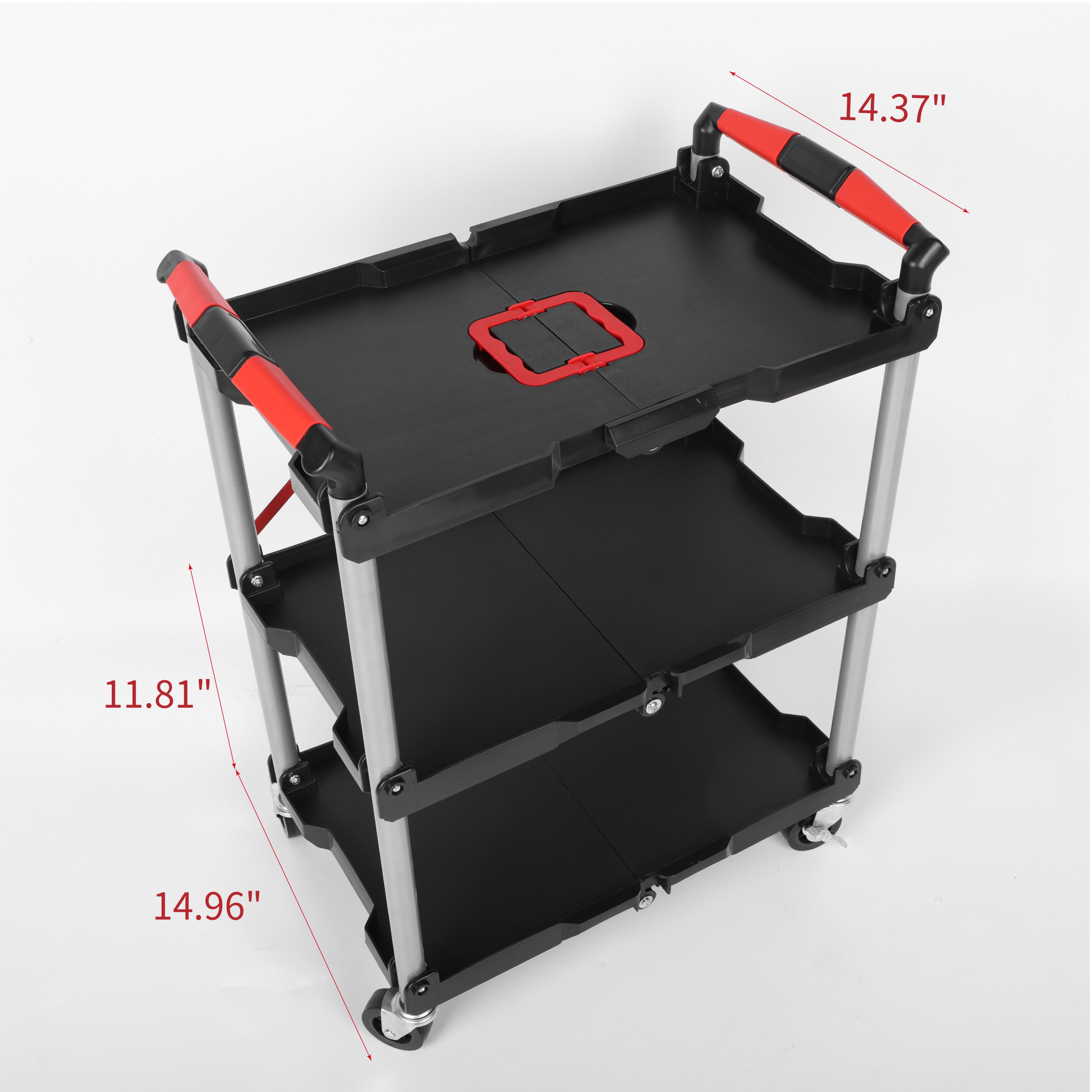 Foldable Utility Service Cart,  3 Shelf Heavy Duty Plastic Rolling Cart with 360° Swivel Wheels (2 with Brakes), Ergonomic Handle, Portable Garage Tool Cart for Warehouse Office Home