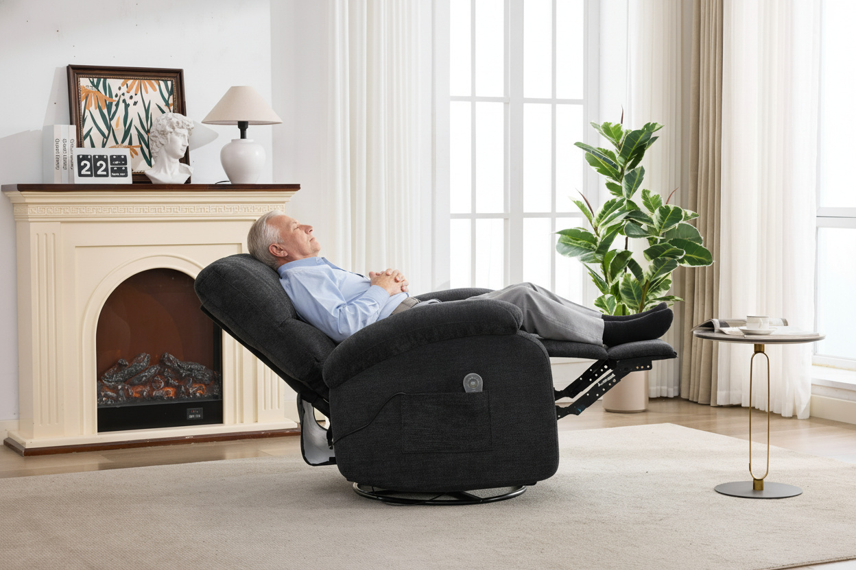 Hot massage manual lounge chair, with rocker arms and rotating fabric, with cup bucket, for living room, black