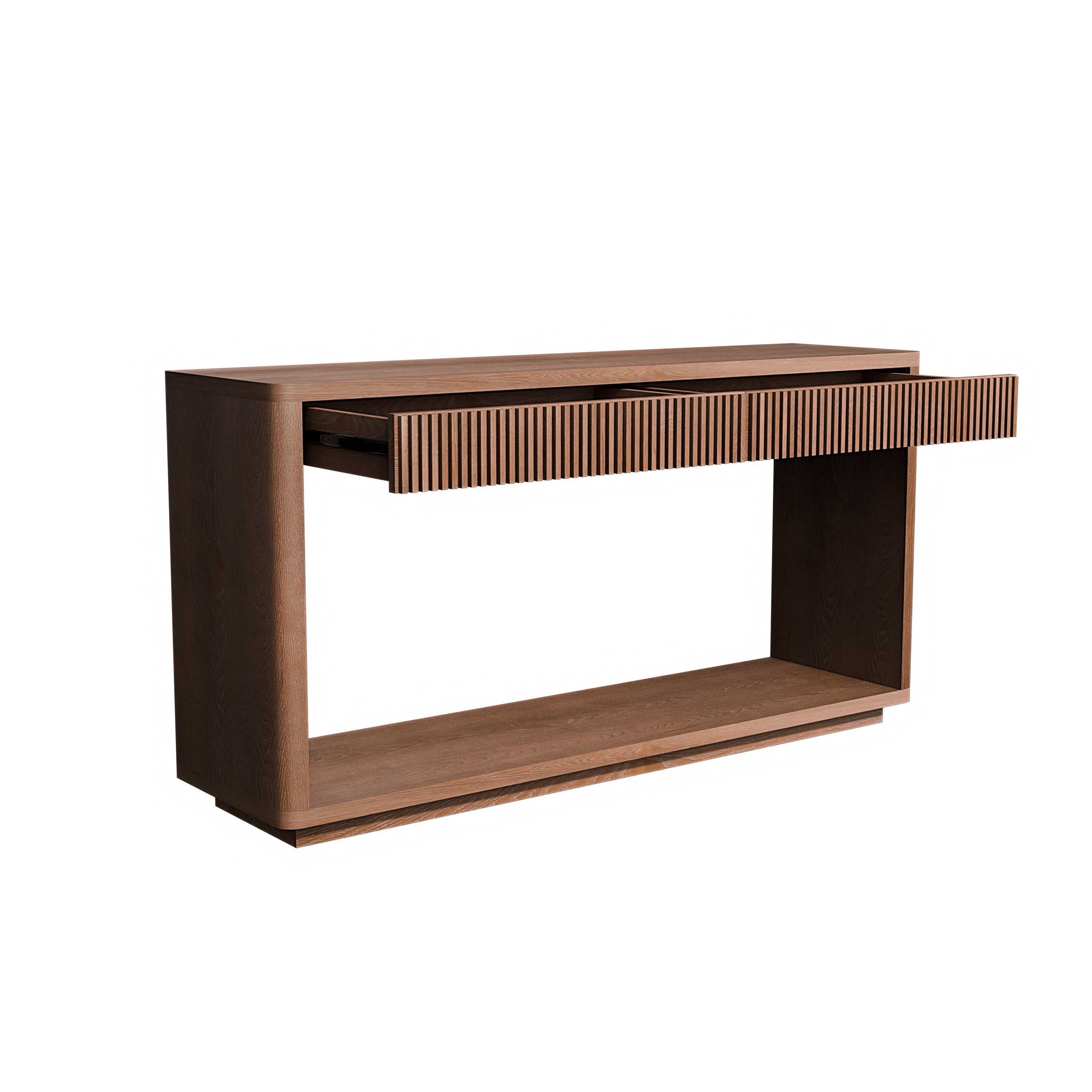 60' Modern 2-Drawer Fluted Console Table Natural Wood Veneer Sofa Table Behind Couch Table for Living Room, Hallway, Entryway, Home Office, Walnut
