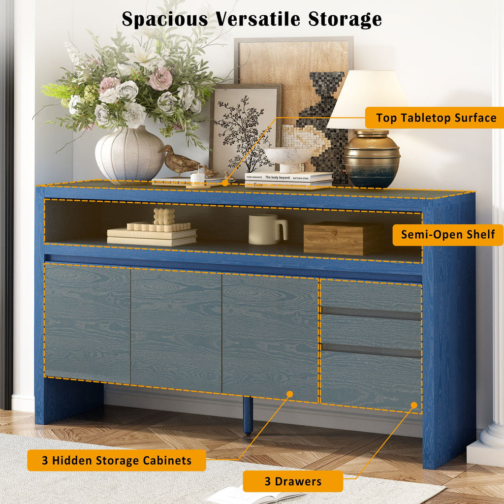 U_Style 60' 3-Door Sideboard with 3 Drawers - Modern Solid Ash Veneer MDF Sideboard, Semi-Open Shelf & Center Semi-Circular Cutout in Back Panel, Large Storage Cabinet for Living Room, Hallway, Dining