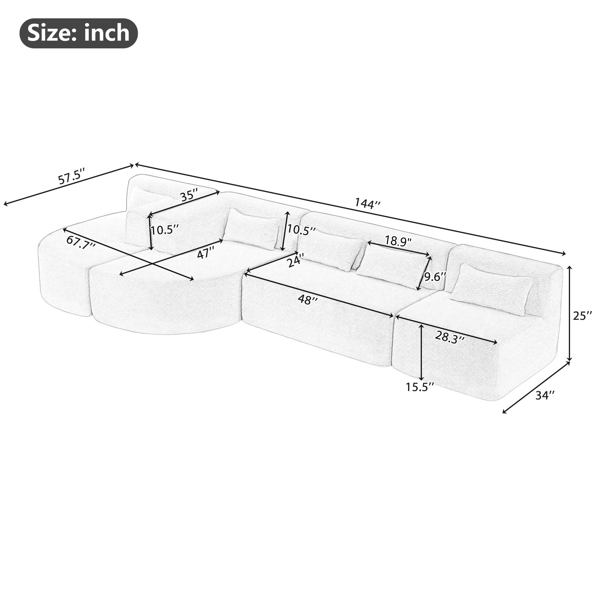 144' Upholstered Sofa Free-combined Sofa Couch with Two Chaise Lounge and Five Back Pillows for Living Room(Old SKU: N719S001600B), Black