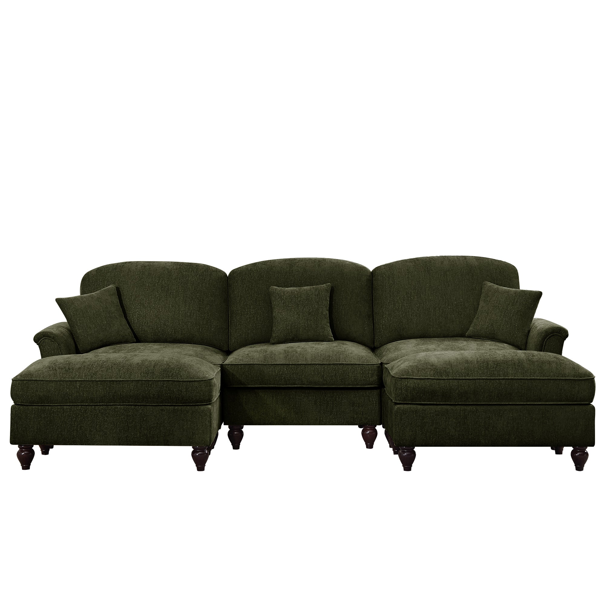 Classic Comfy Modular U Shape Sectional Sofa Couch with Flared Arms and Removable Ruffles Pleats Skirts and Spindle Legs, Upholstered Chenille Deep Seat Cloud Sofa with Movable Ottomans,Green