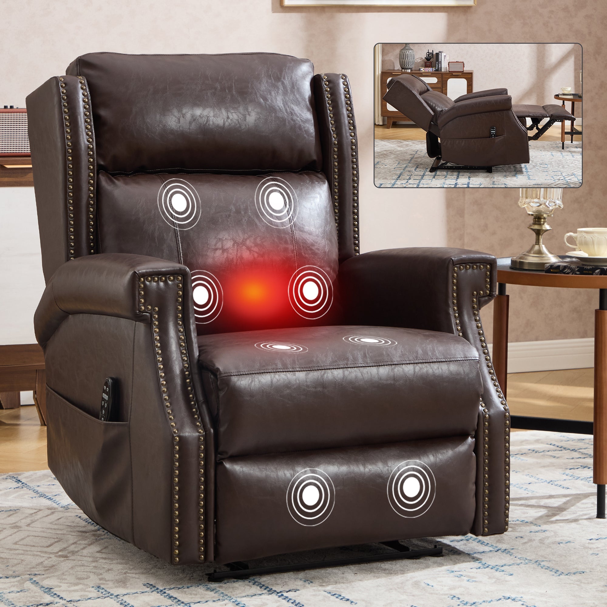 Brown Manual Recliner Chair in Faux Leather for Living Room with Heavy Duty Motion Mechanism, 8 vibrating nodes and 3 massage modes