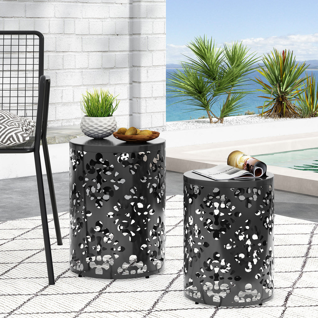 Modern Metal End Table Set of 2 with Iron Cut Design in Black