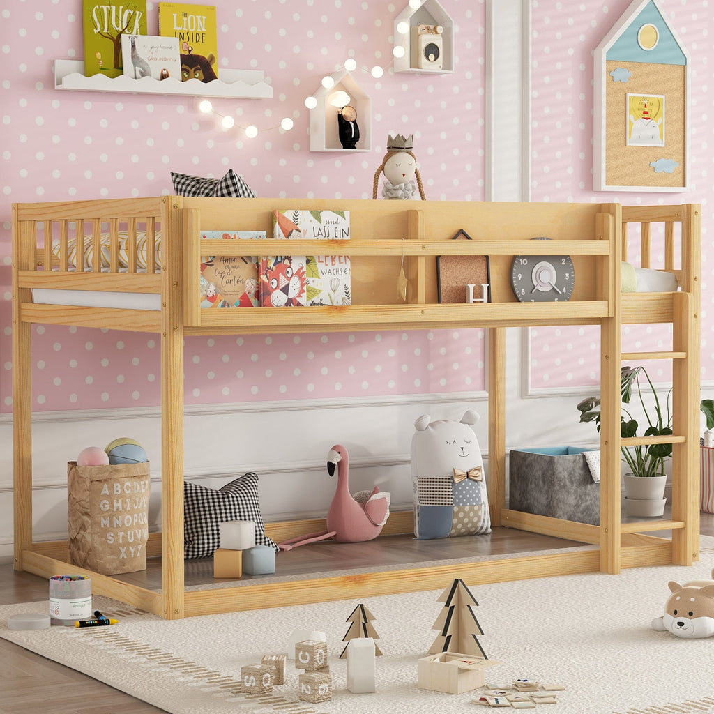Low Twin Over Twin Bunk Bed, Floor Bunk Bed with Ladder, Solid Wood Twin Bunk Bed for Kids & Juniors, Natural(Expect Arrival Date 2025/11/25)