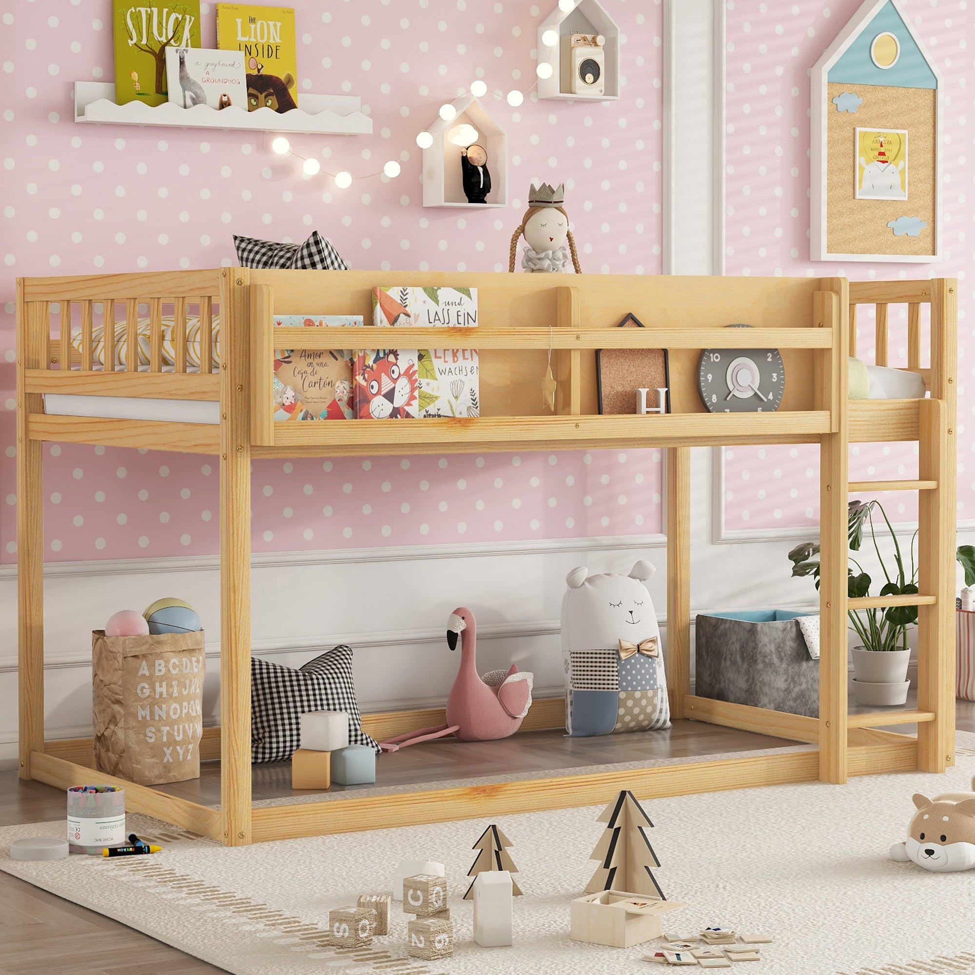 Low Twin Over Twin Bunk Bed, Floor Bunk Bed with Ladder, Solid Wood Twin Bunk Bed for Kids & Juniors, Natural(Expect Arrival Date 2025/11/25)